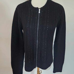 NWT Carve Designs Black Wool Zip Up Cardigan Sweater Beaded Embellished Size SM